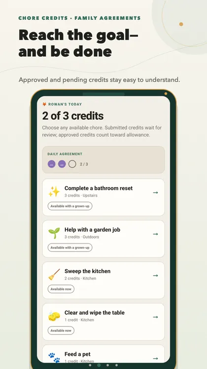 A child's board with today's credit goal and available chores