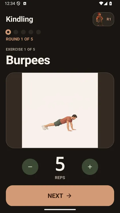 An exercise screen with a demo and a large Next button