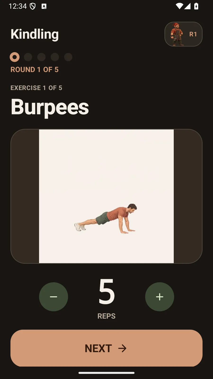 Forge 5×5 exercise screen with a movement demonstration and a large Next control