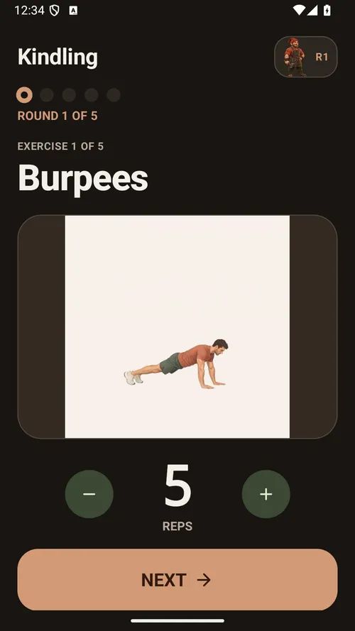 Forge 5×5 exercise screen with a movement demonstration and a large Next control