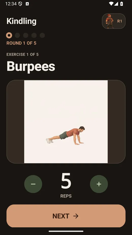 Forge 5×5 exercise screen with a movement demonstration and a large Next control
